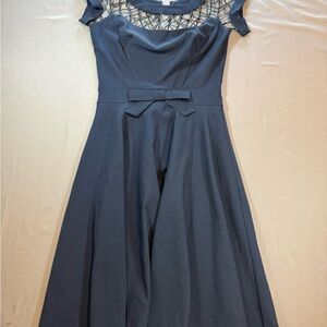 Tatyana Navy Midi Dress with Lace Yoke and Waist Bow